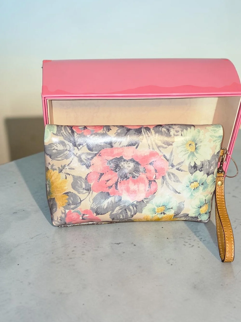 Patricia Nash First Bloom Floral Leather Wristlet in Pink Multi with Tan Strap